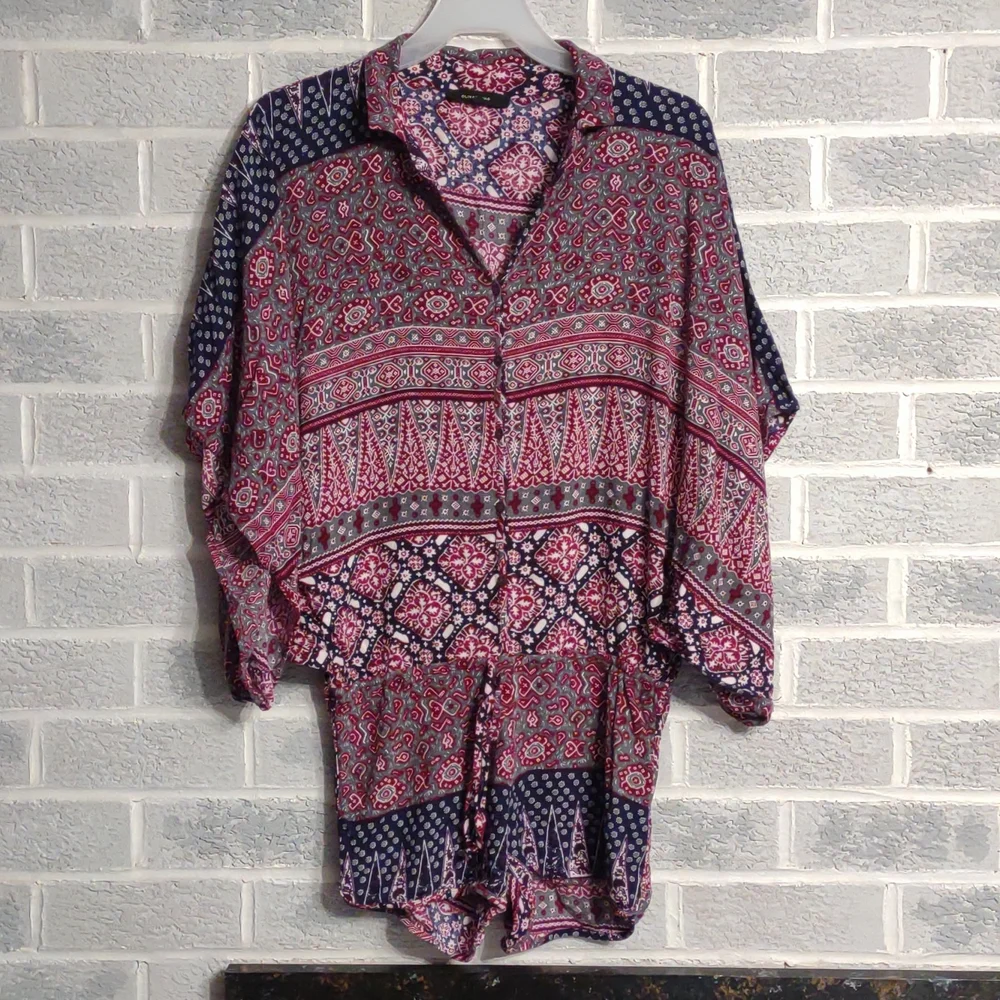 Olivaceous Women's Pink, Blue Tribal Patterned Romper Size Medium
